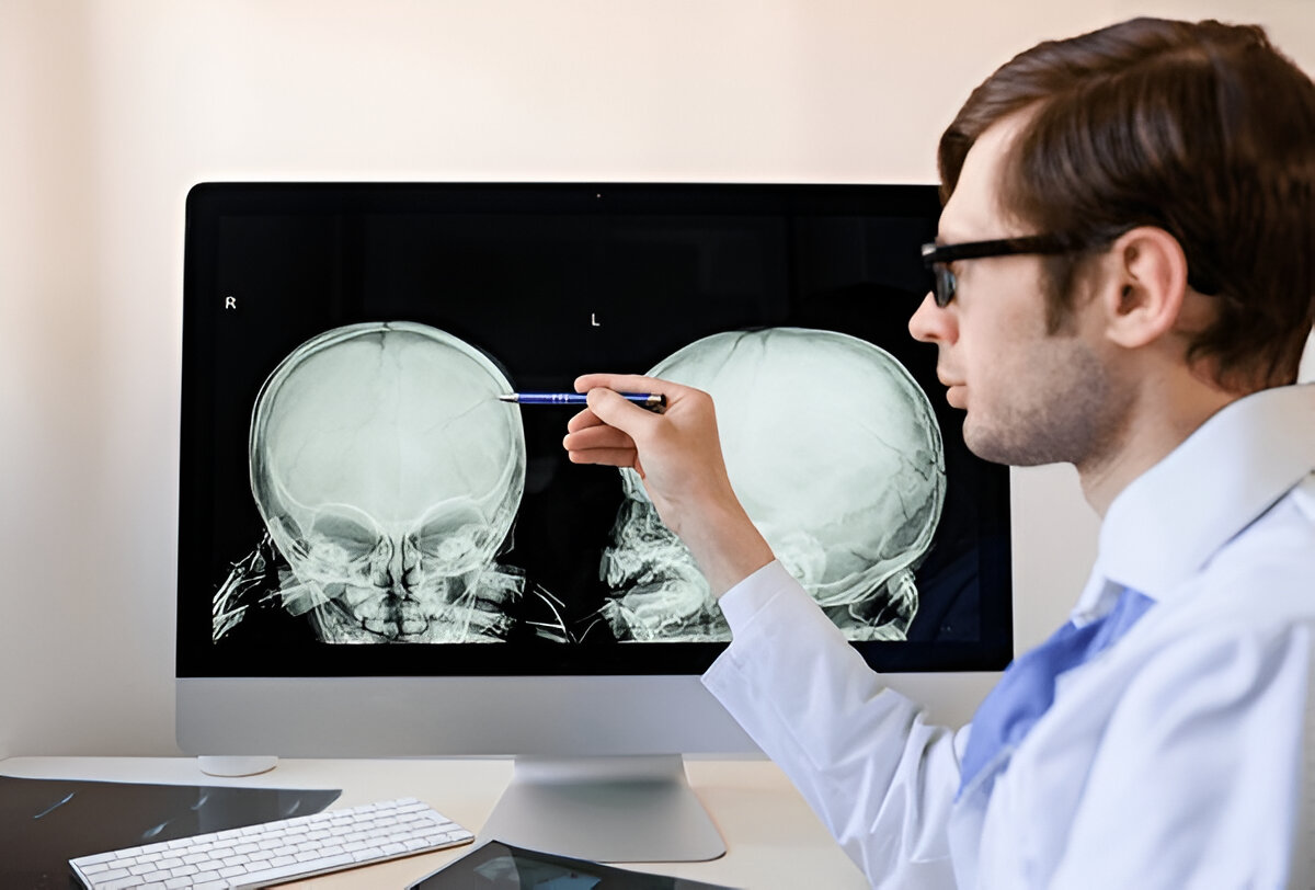  radiologist analyzing skull x-ray